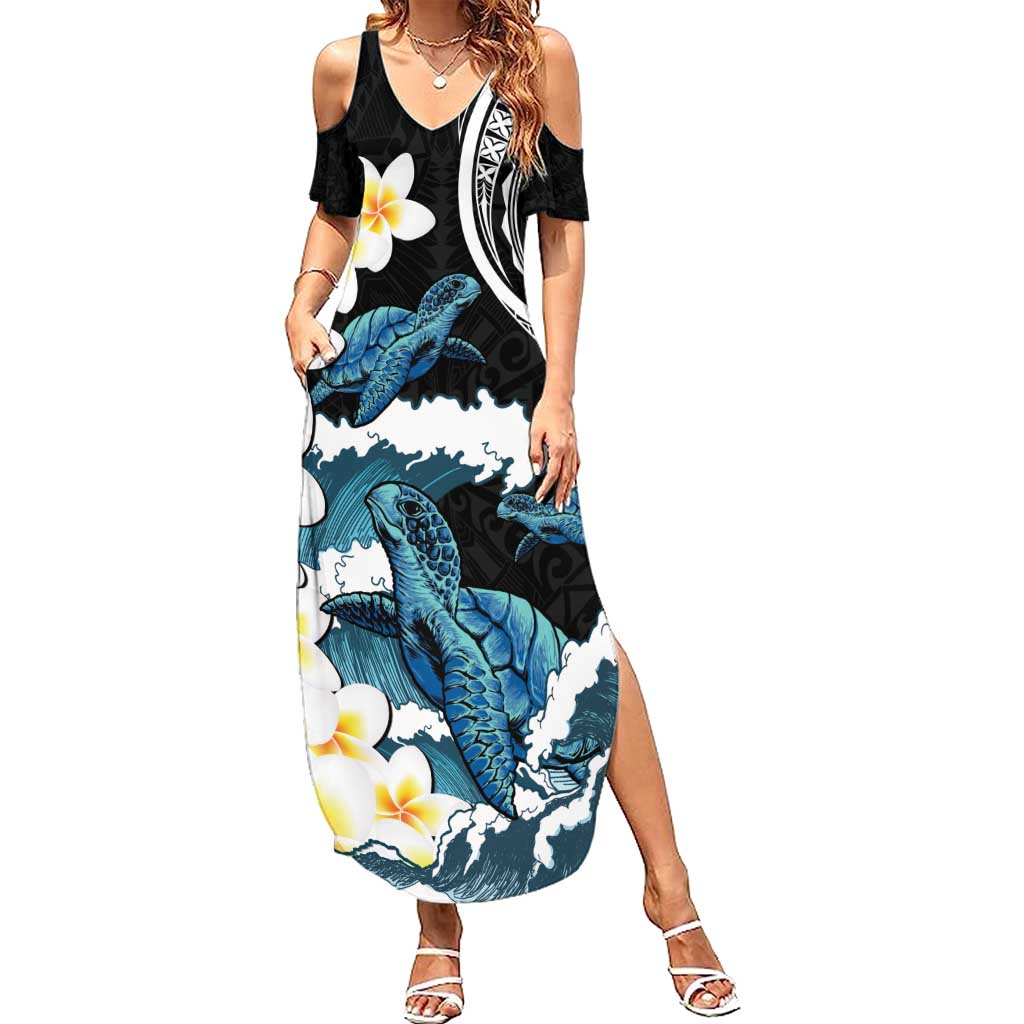 Black Polynesia Family Matching Summer Maxi Dress and Hawaiian Shirt Polynesian Frangipani With Sea Turtles