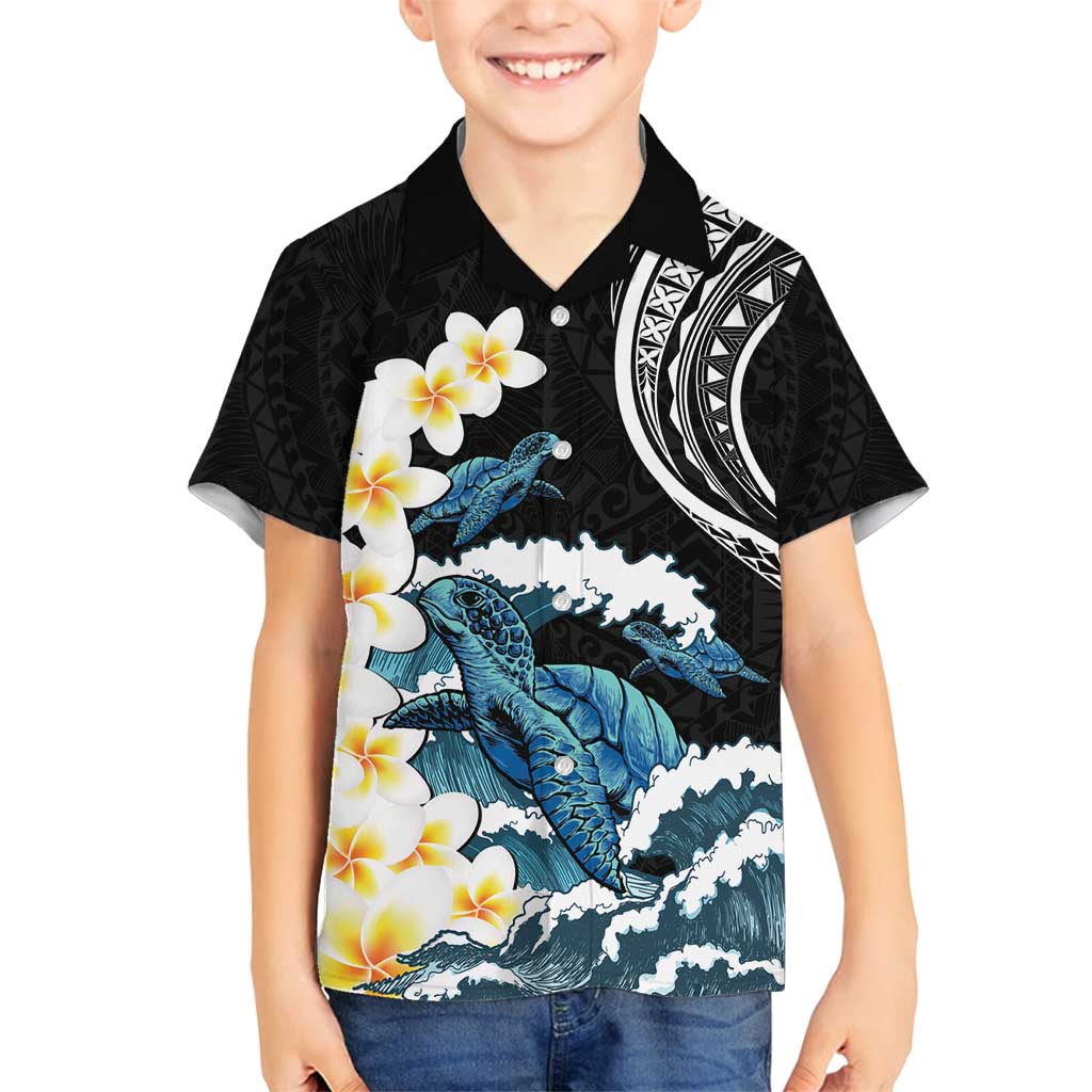 Black Polynesia Family Matching Tank Maxi Dress and Hawaiian Shirt Polynesian Frangipani With Sea Turtles