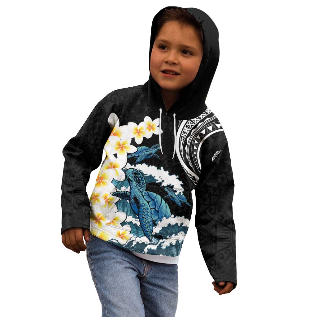 Black Polynesia Kid Hoodie Polynesian Frangipani With Sea Turtles