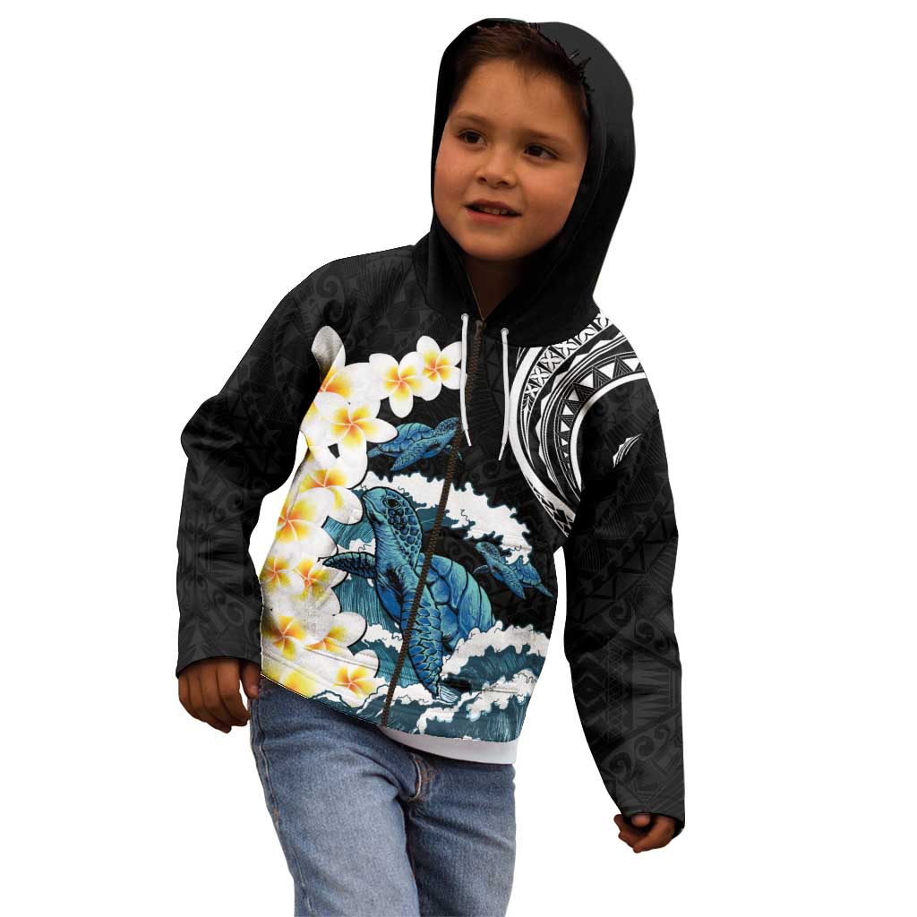 Black Polynesia Kid Hoodie Polynesian Frangipani With Sea Turtles