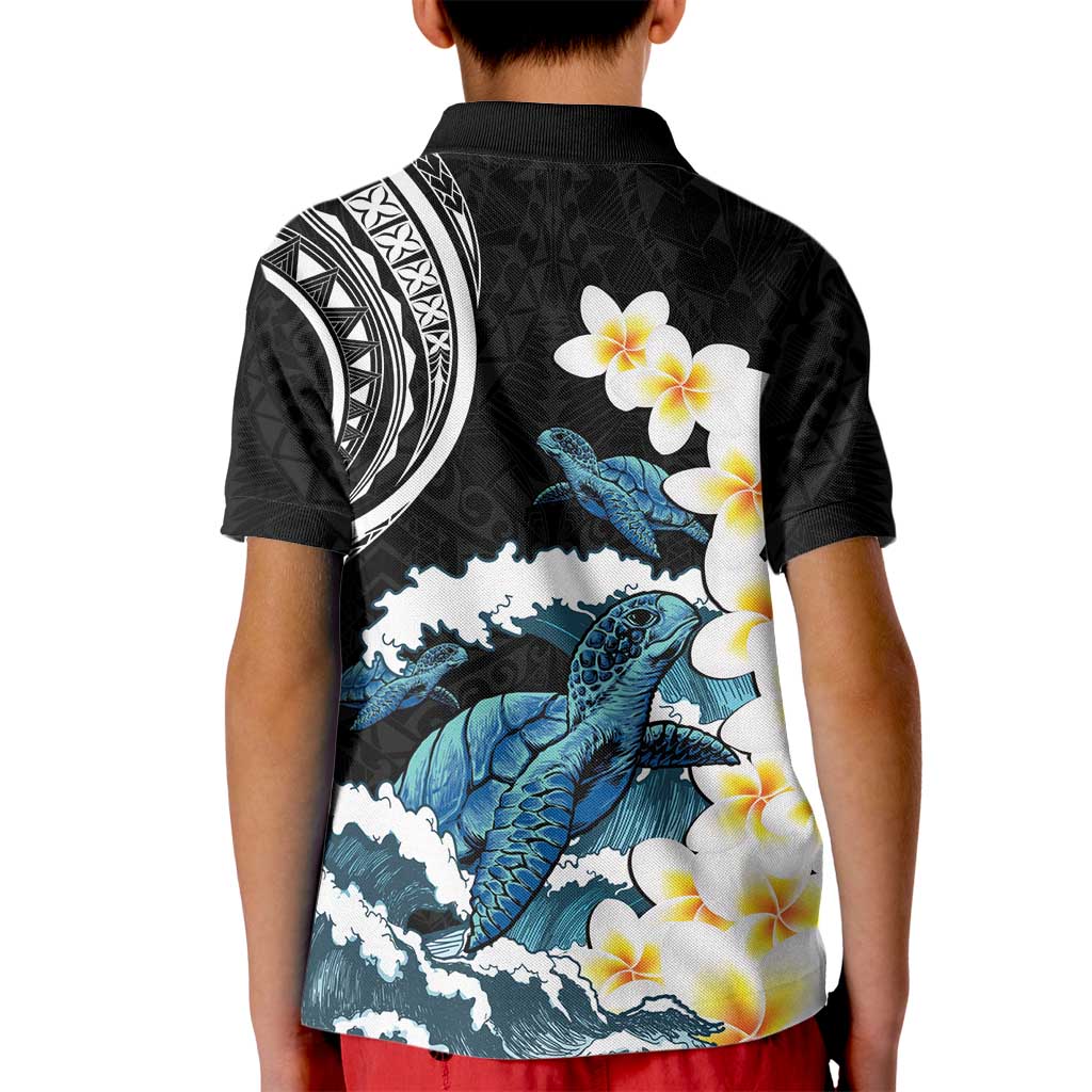Black Polynesia Kid Polo Shirt Polynesian Frangipani With Sea Turtles
