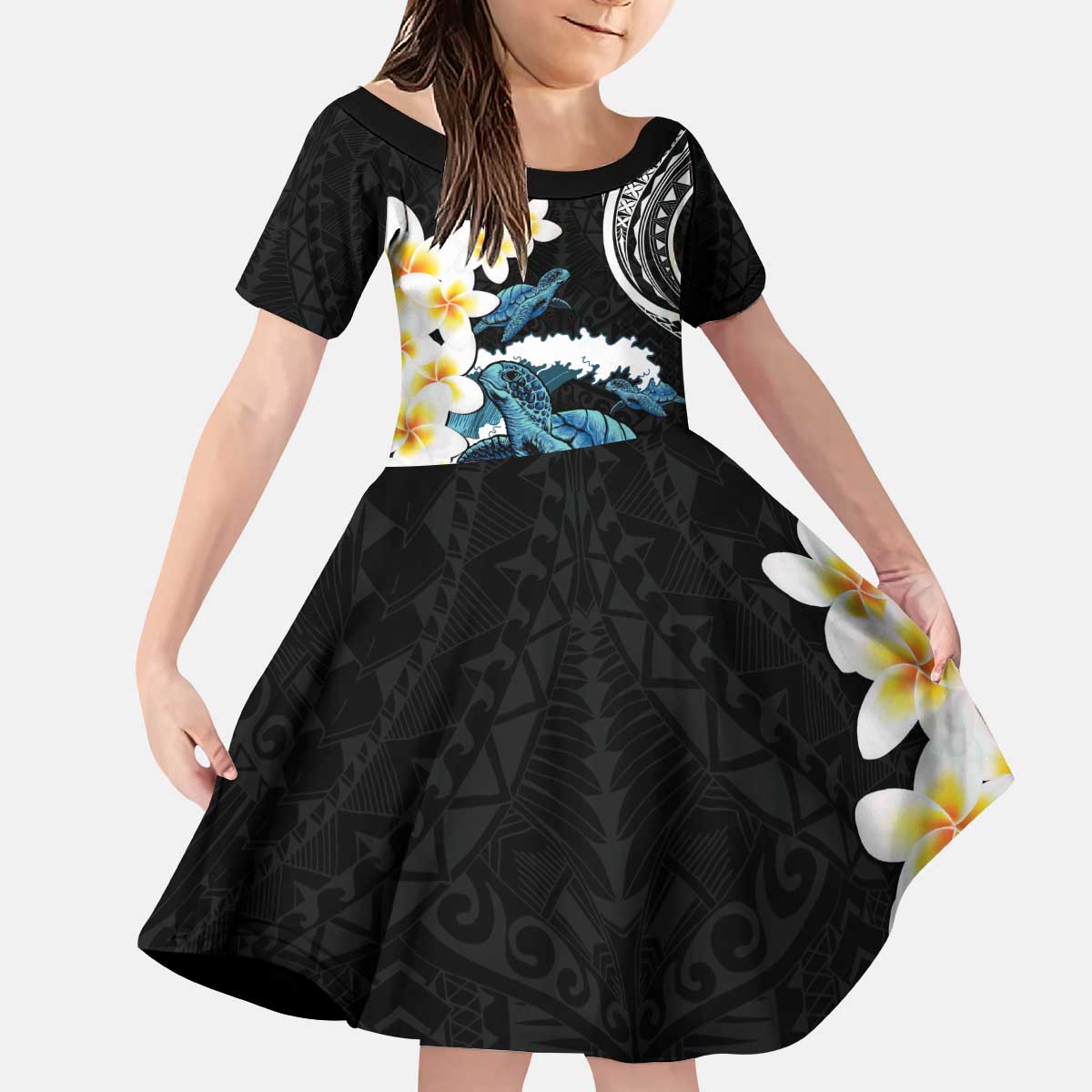 Black Polynesia Kid Short Sleeve Dress Polynesian Frangipani With Sea Turtles