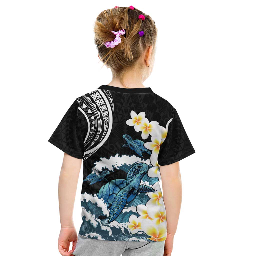 Black Polynesia Kid T Shirt Polynesian Frangipani With Sea Turtles