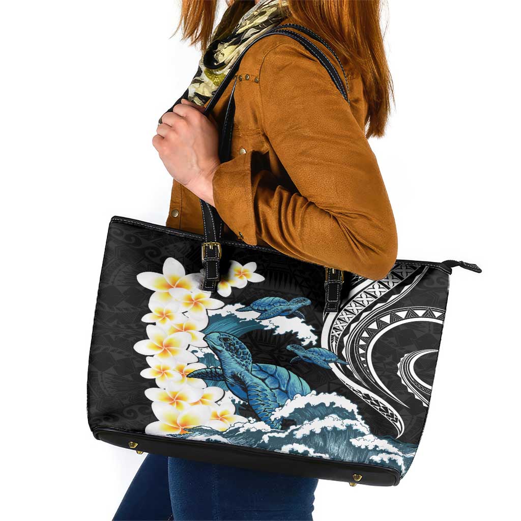 Black Polynesia Leather Tote Bag Polynesian Frangipani With Sea Turtles