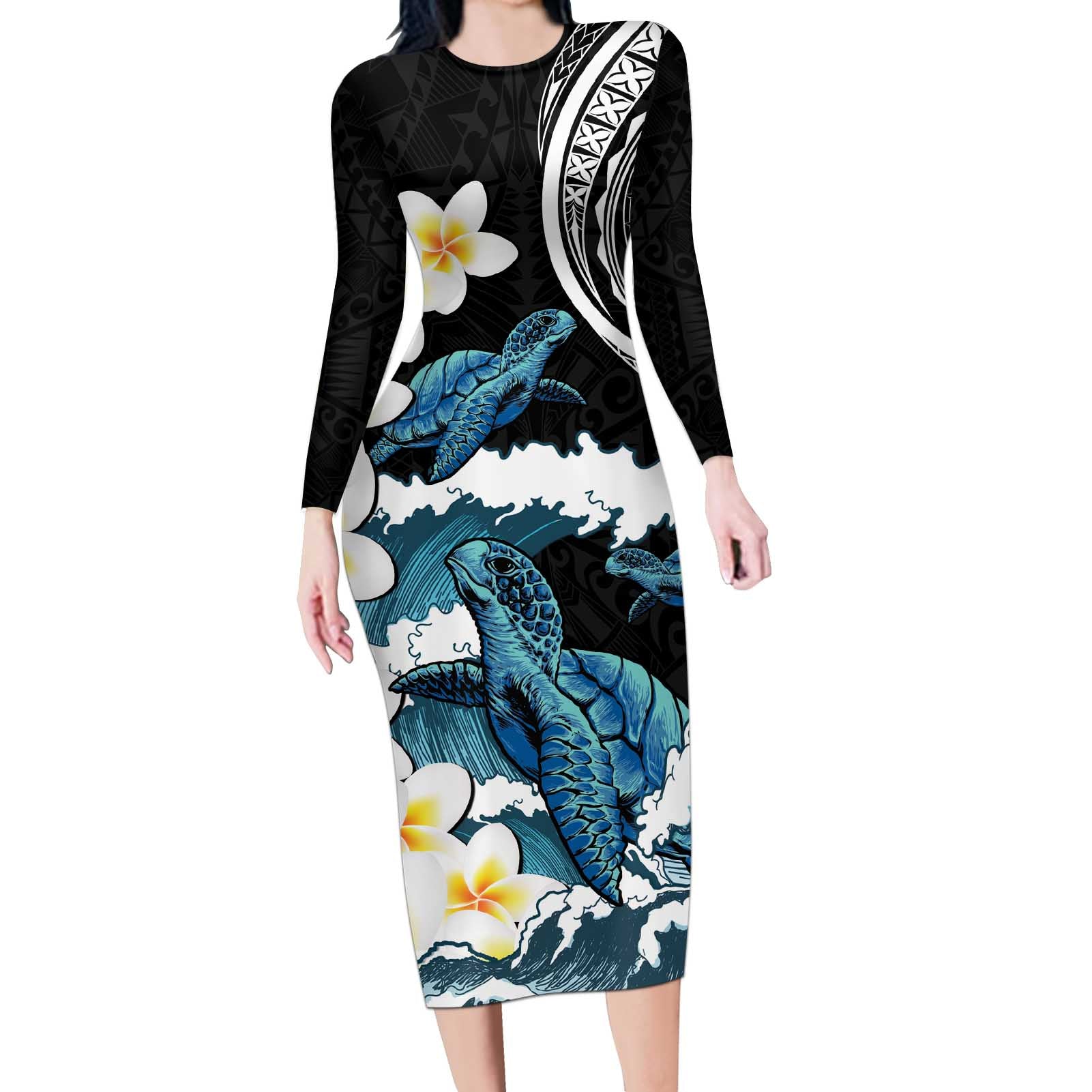 Black Polynesia Long Sleeve Bodycon Dress Polynesian Frangipani With Sea Turtles