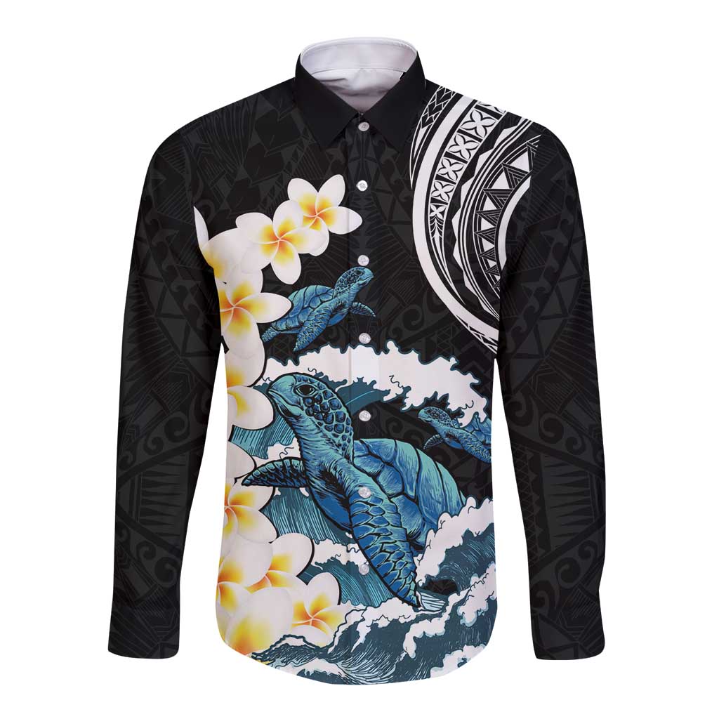 Black Polynesia Long Sleeve Button Shirt Polynesian Frangipani With Sea Turtles