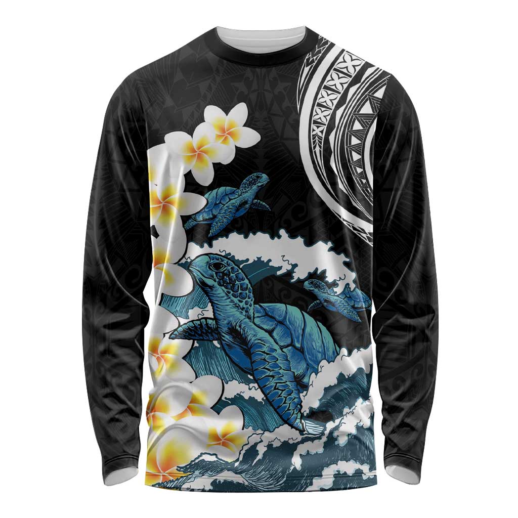 Black Polynesia Long Sleeve Shirt Polynesian Frangipani With Sea Turtles