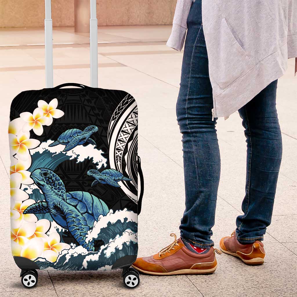 Black Polynesia Luggage Cover Polynesian Frangipani With Sea Turtles