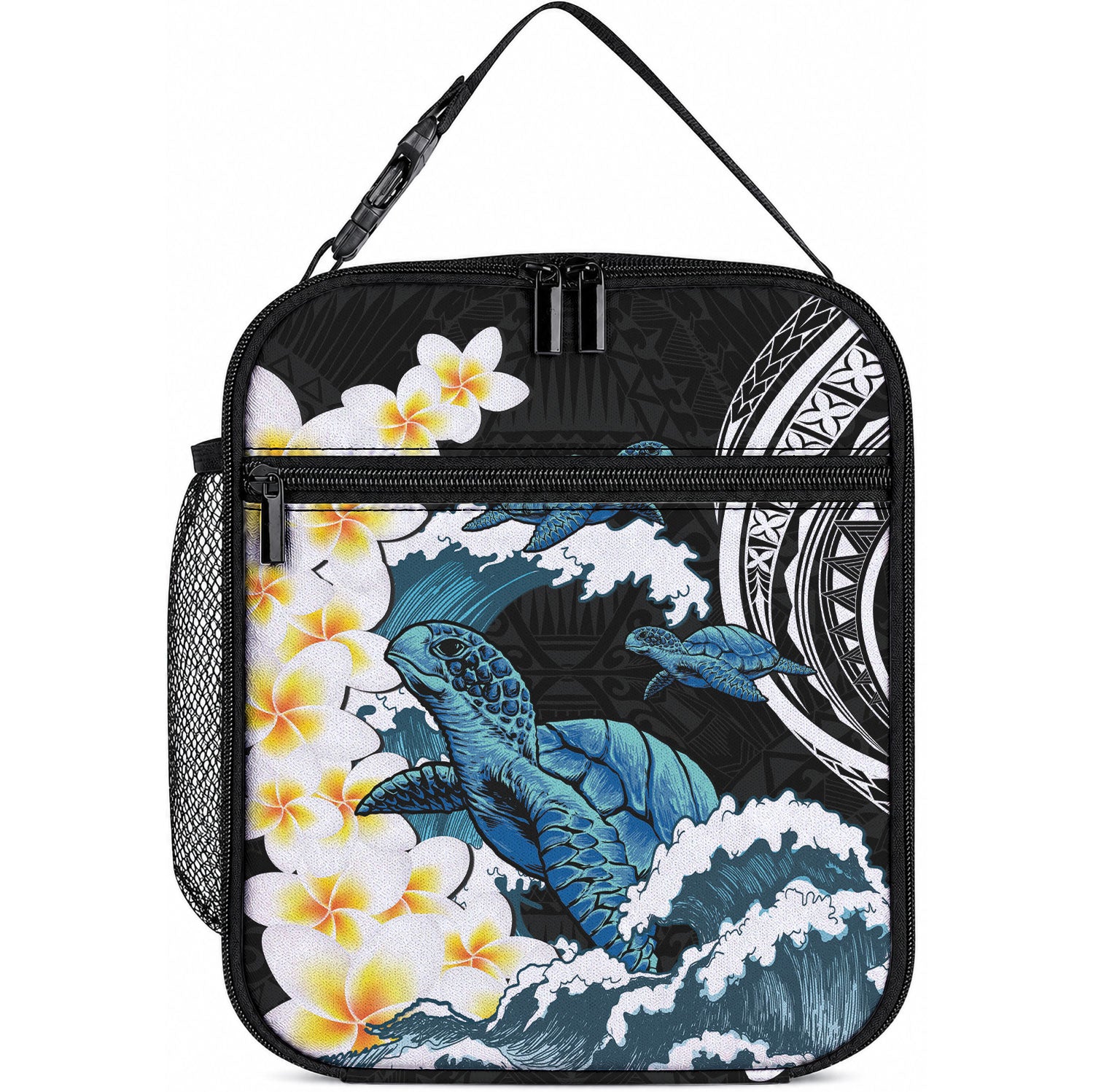 Black Polynesia Lunch Bag Polynesian Frangipani With Sea Turtles LT14 10.2 × 8.3 × 4.3 inch Black - Polynesian Pride