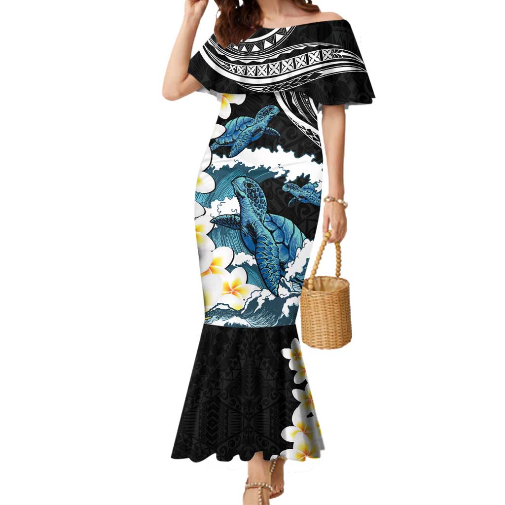 Black Polynesia Mermaid Dress Polynesian Frangipani With Sea Turtles