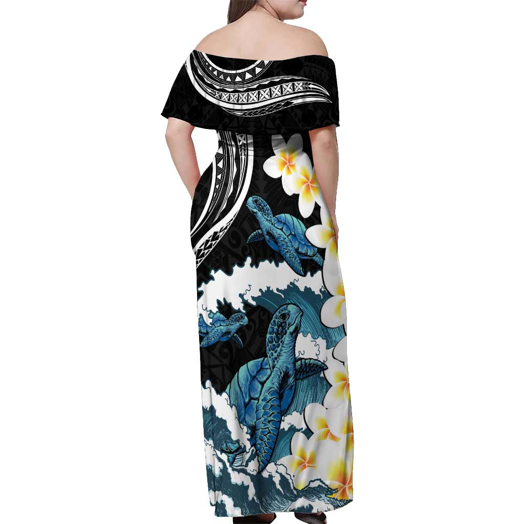 Black Polynesia Off Shoulder Maxi Dress Polynesian Frangipani With Sea Turtles