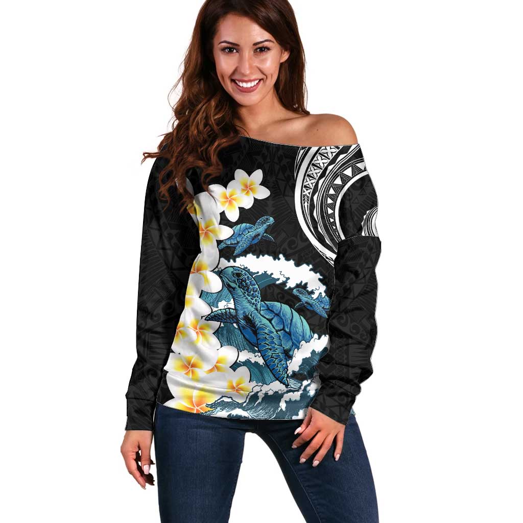 Black Polynesia Off Shoulder Sweater Polynesian Frangipani With Sea Turtles