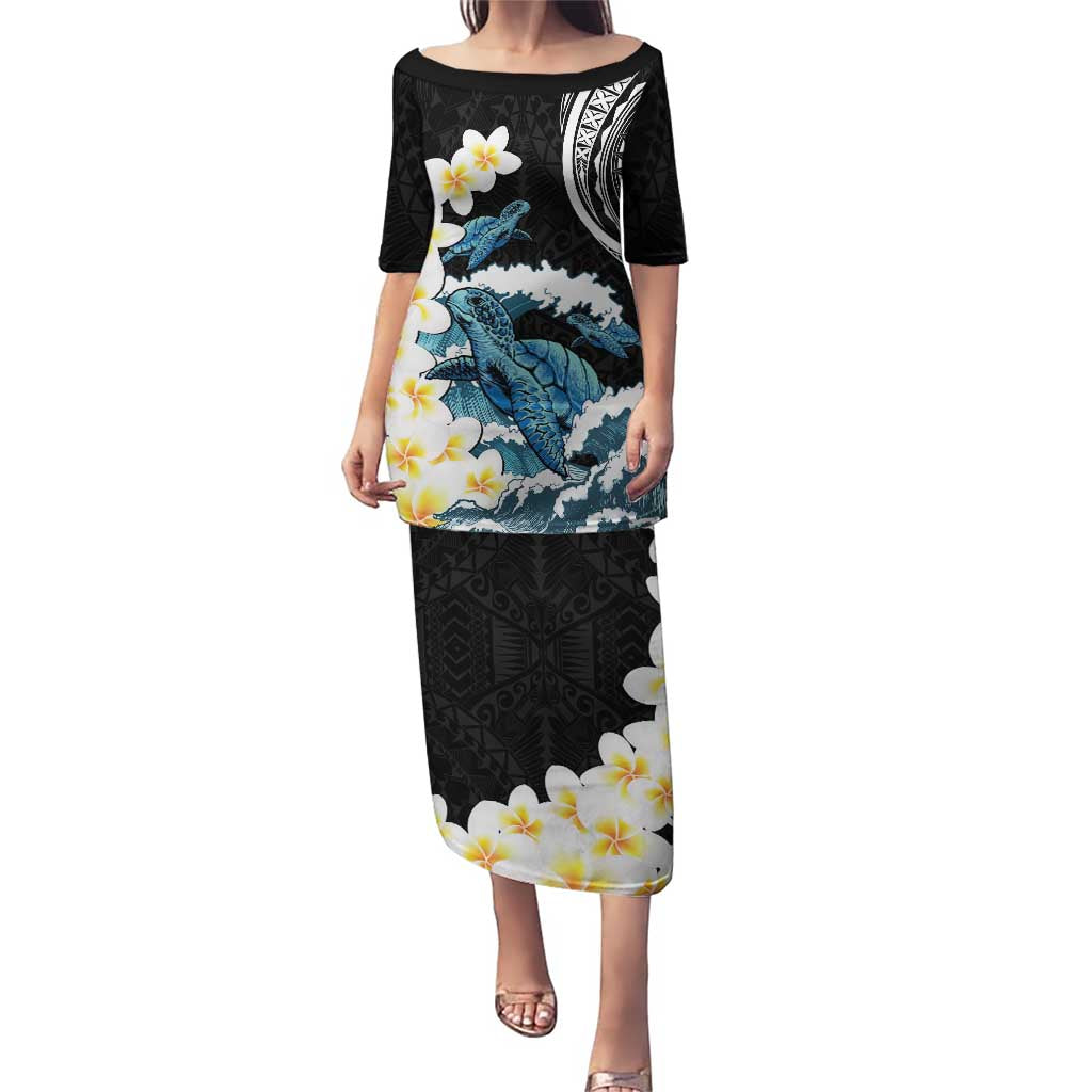 Black Polynesia Puletasi Polynesian Frangipani With Sea Turtles