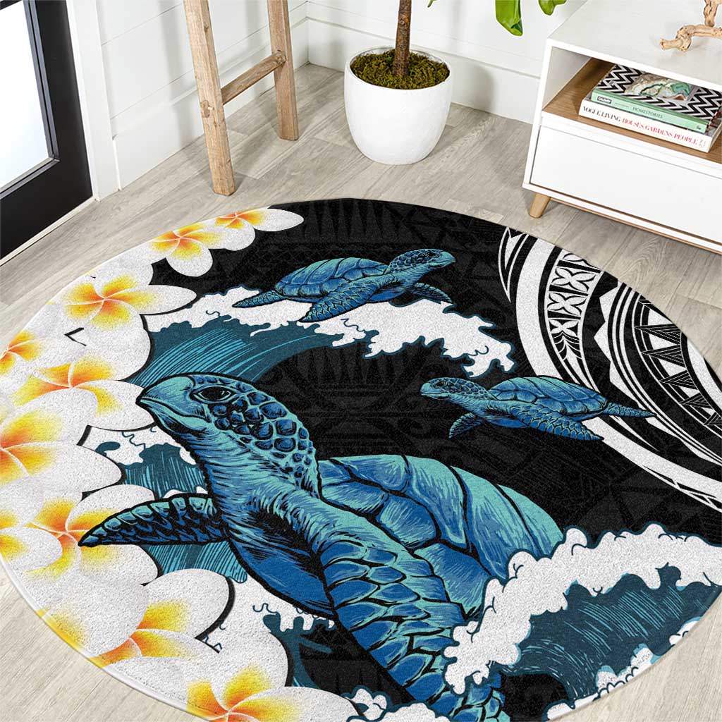 Black Polynesia Round Carpet Polynesian Frangipani With Sea Turtles