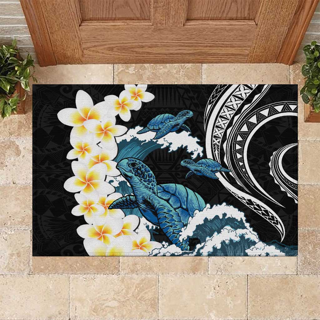 Black Polynesia Rubber Doormat Polynesian Frangipani With Sea Turtles