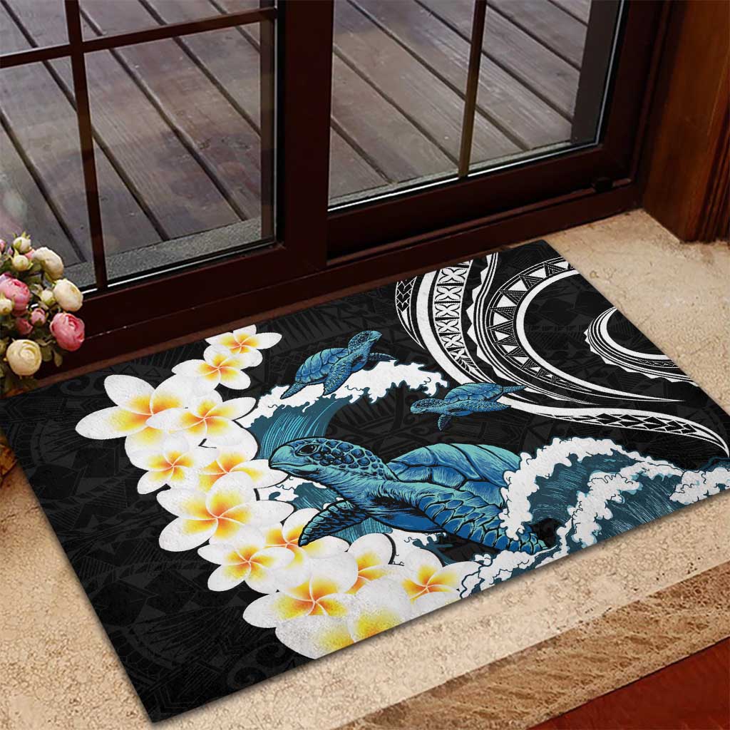 Black Polynesia Rubber Doormat Polynesian Frangipani With Sea Turtles