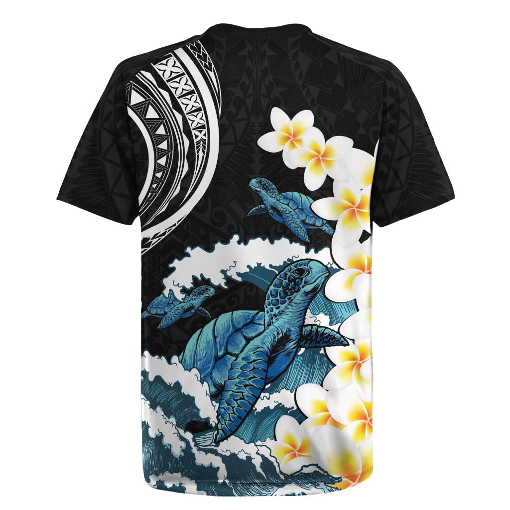 Black Polynesia Rugby Jersey Polynesian Frangipani With Sea Turtles