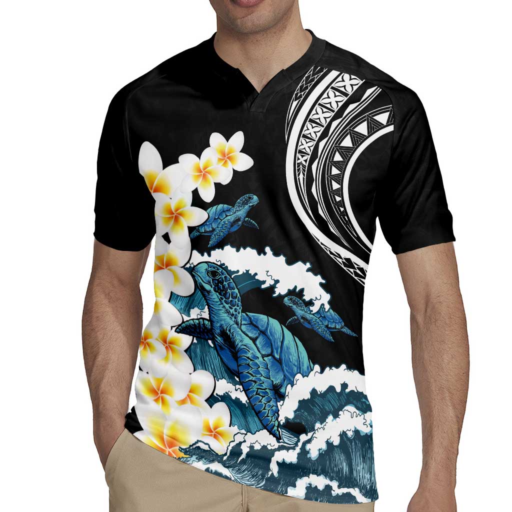 Black Polynesia Rugby Jersey Polynesian Frangipani With Sea Turtles