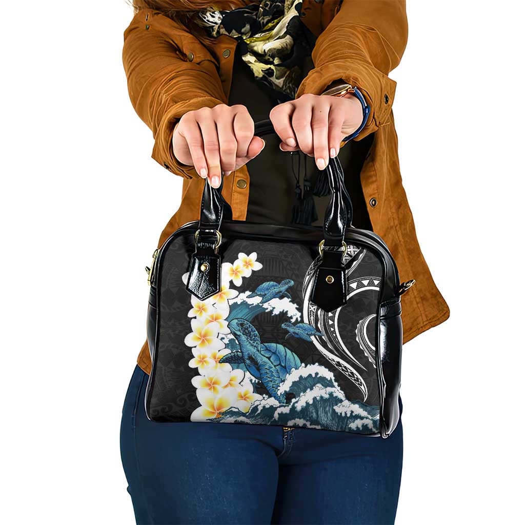 Black Polynesia Shoulder Handbag Polynesian Frangipani With Sea Turtles