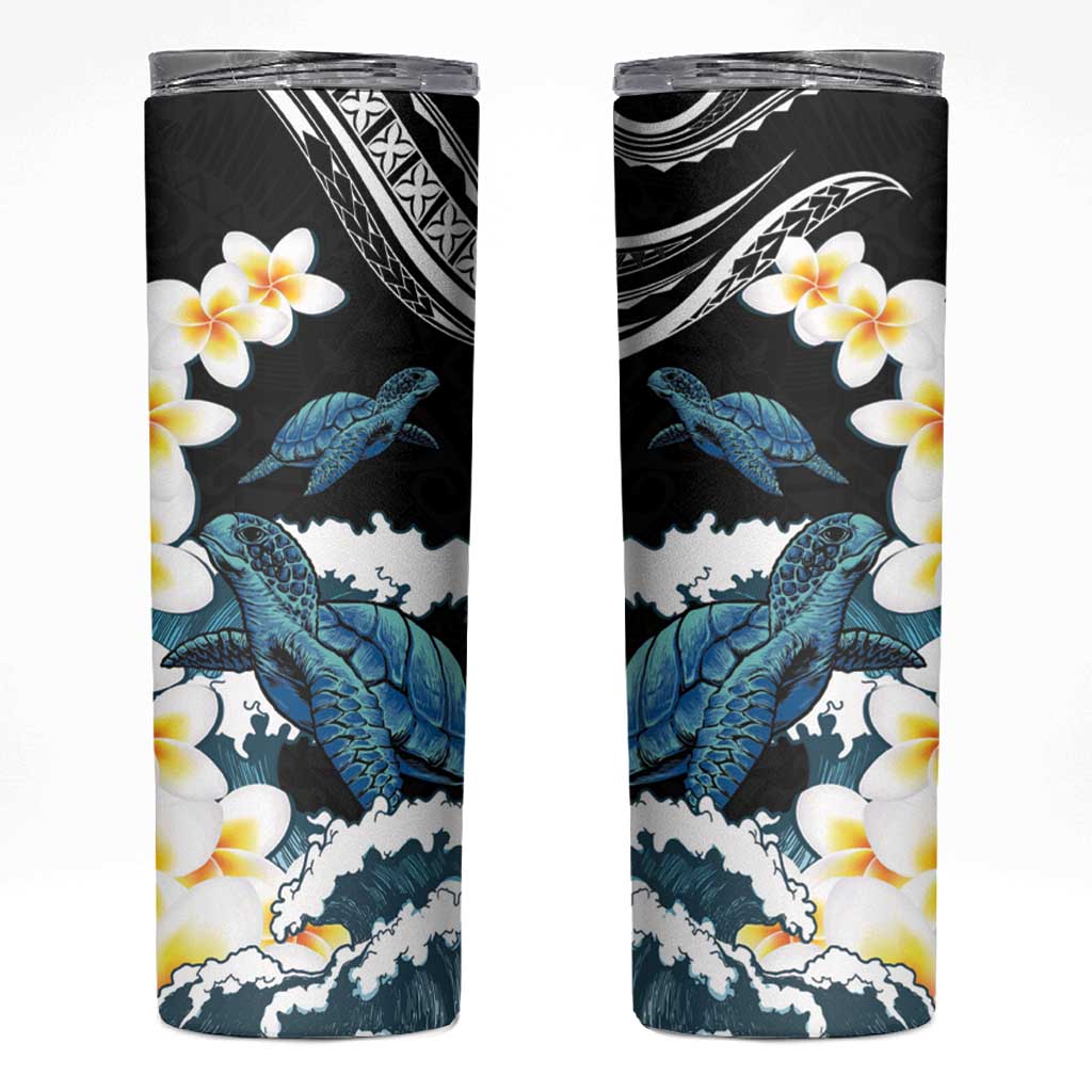 Black Polynesia Skinny Tumbler Polynesian Frangipani With Sea Turtles