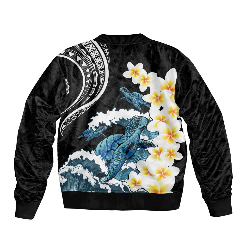 Black Polynesia Sleeve Zip Bomber Jacket Polynesian Frangipani With Sea Turtles