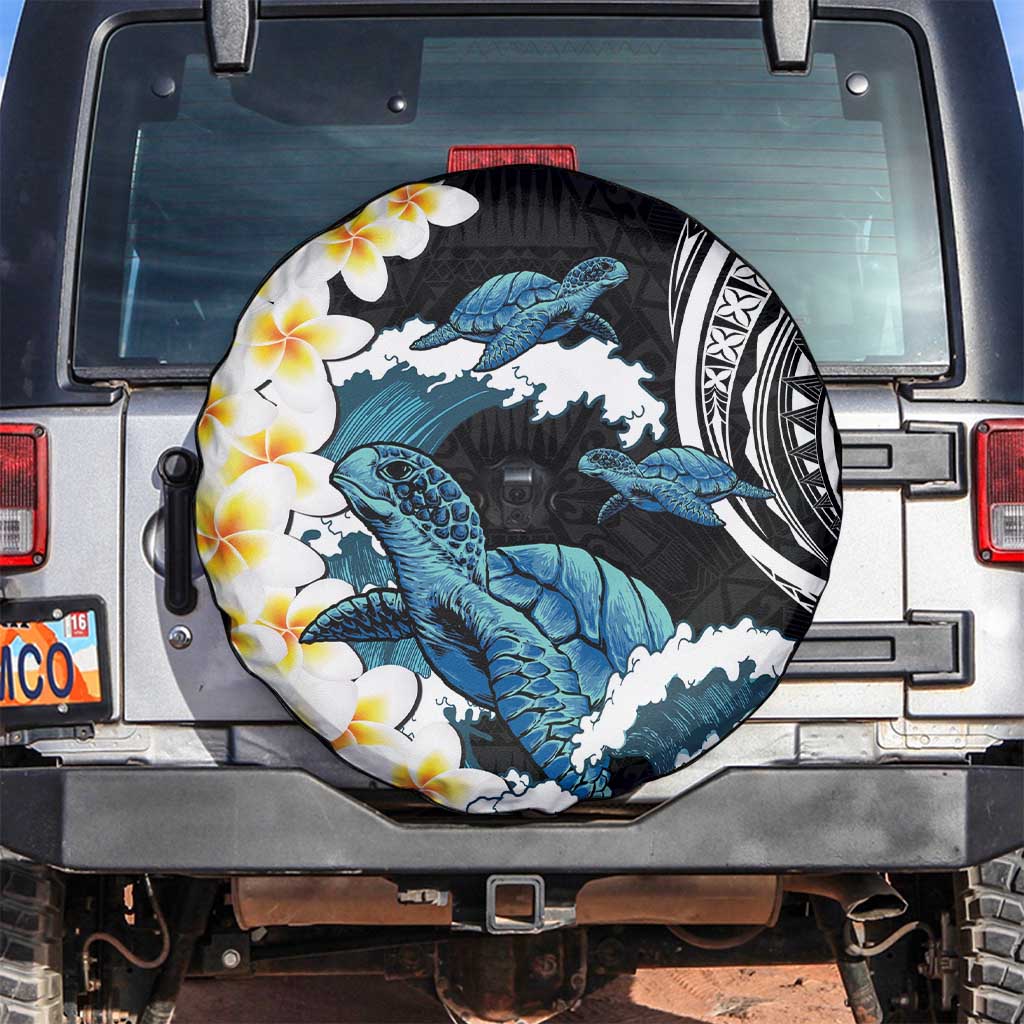 Black Polynesia Spare Tire Cover Polynesian Frangipani With Sea Turtles