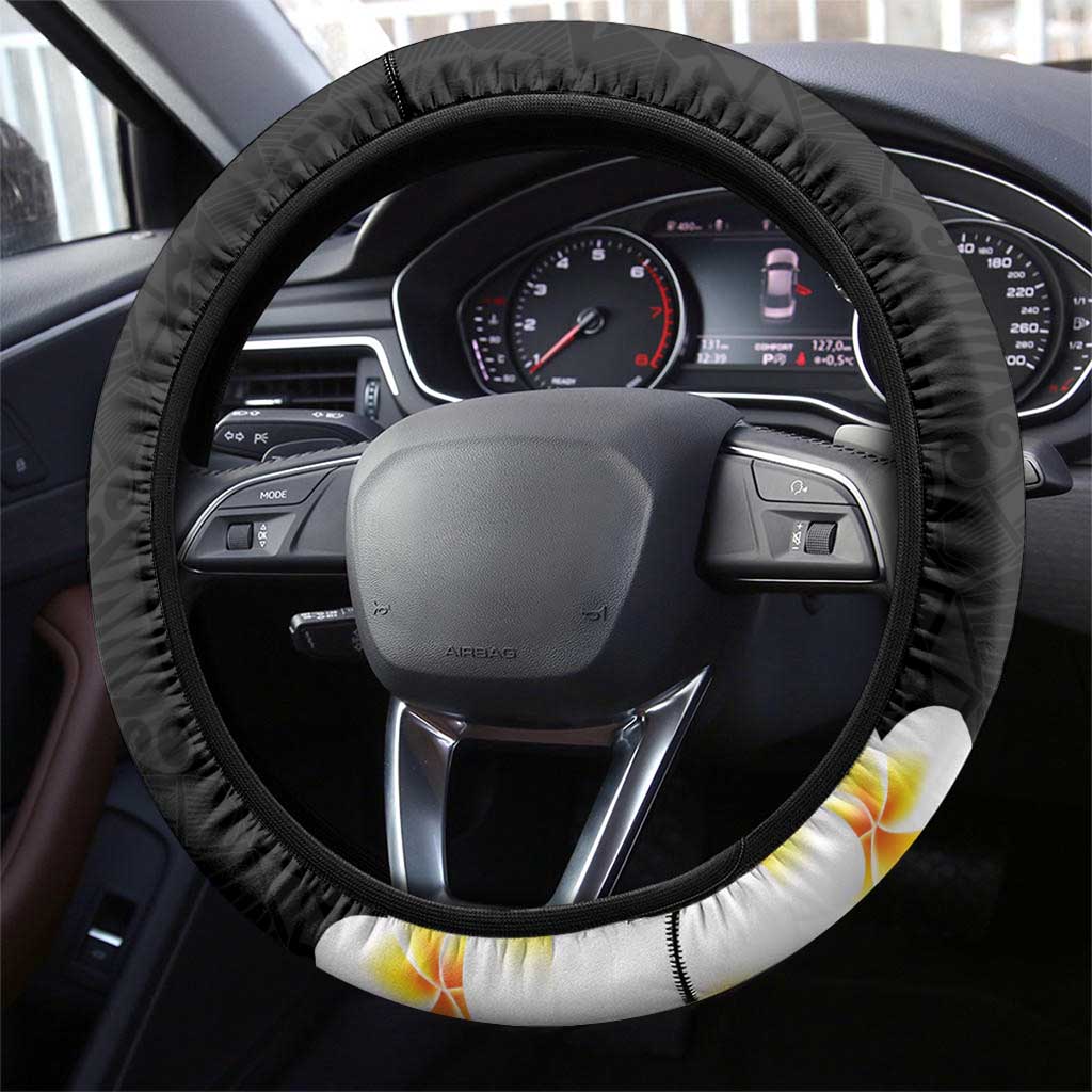Black Polynesia Steering Wheel Cover Polynesian Frangipani With Sea Turtles