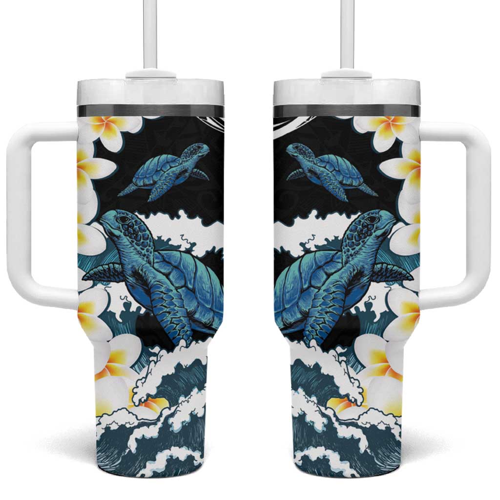 Black Polynesia Tumbler With Handle Polynesian Frangipani With Sea Turtles