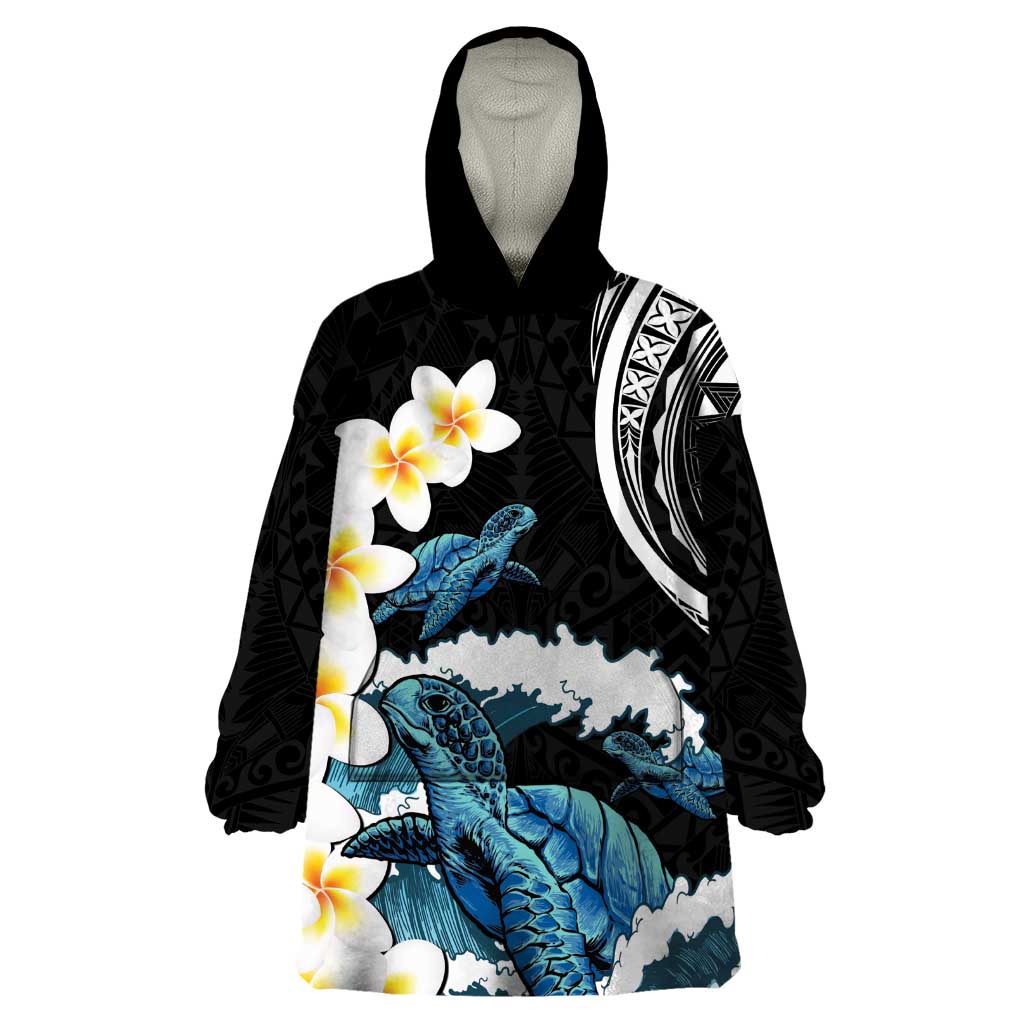 Black Polynesia Wearable Blanket Hoodie Polynesian Frangipani With Sea Turtles