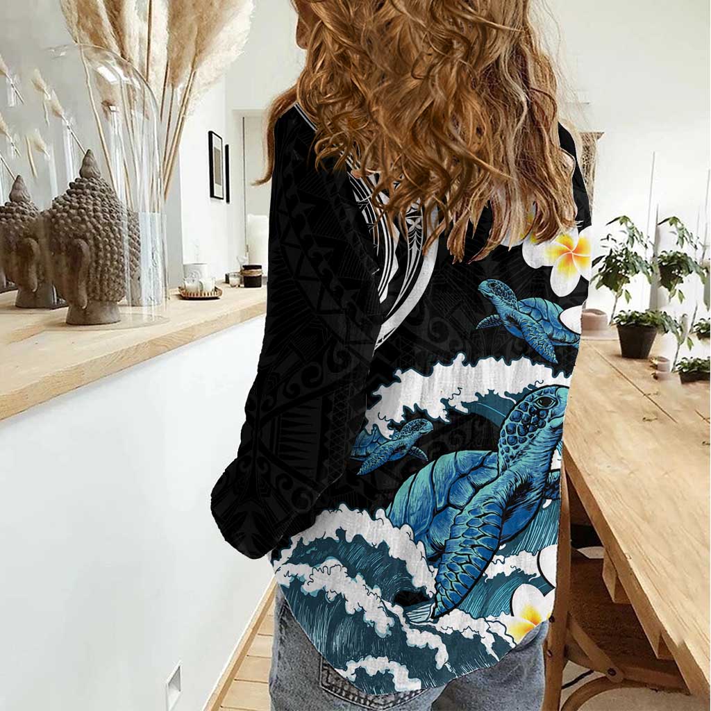 Black Polynesia Women Casual Shirt Polynesian Frangipani With Sea Turtles