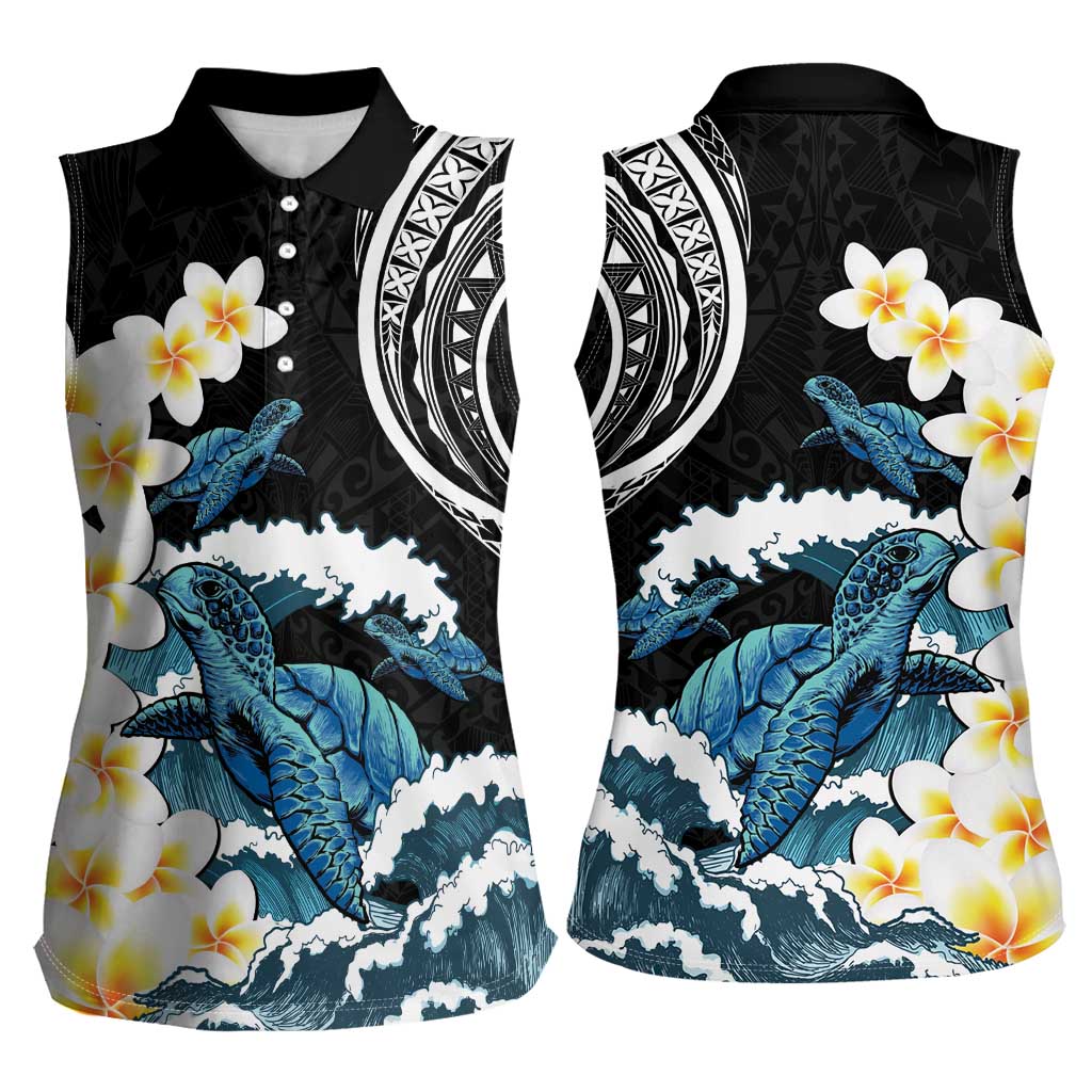 Black Polynesia Women Sleeveless Polo Shirt Polynesian Frangipani With Sea Turtles