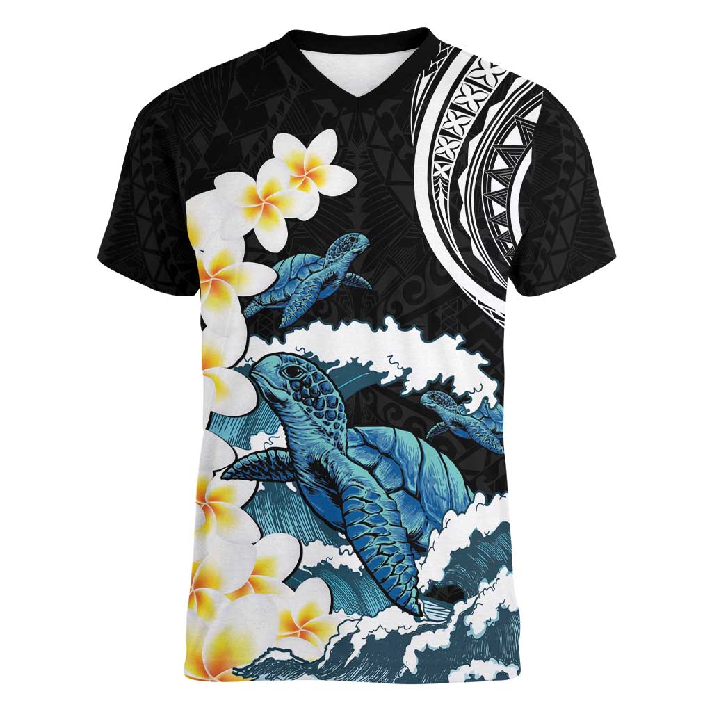 Black Polynesia Women V-Neck T-Shirt Polynesian Frangipani With Sea Turtles