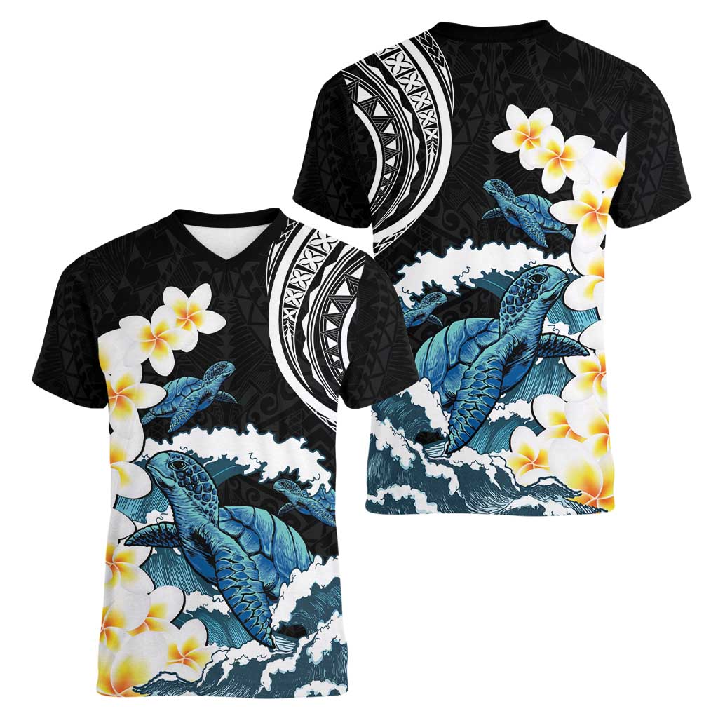 Black Polynesia Women V-Neck T-Shirt Polynesian Frangipani With Sea Turtles