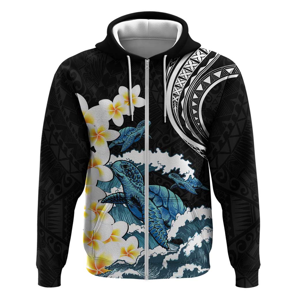 Black Polynesia Zip Hoodie Polynesian Frangipani With Sea Turtles