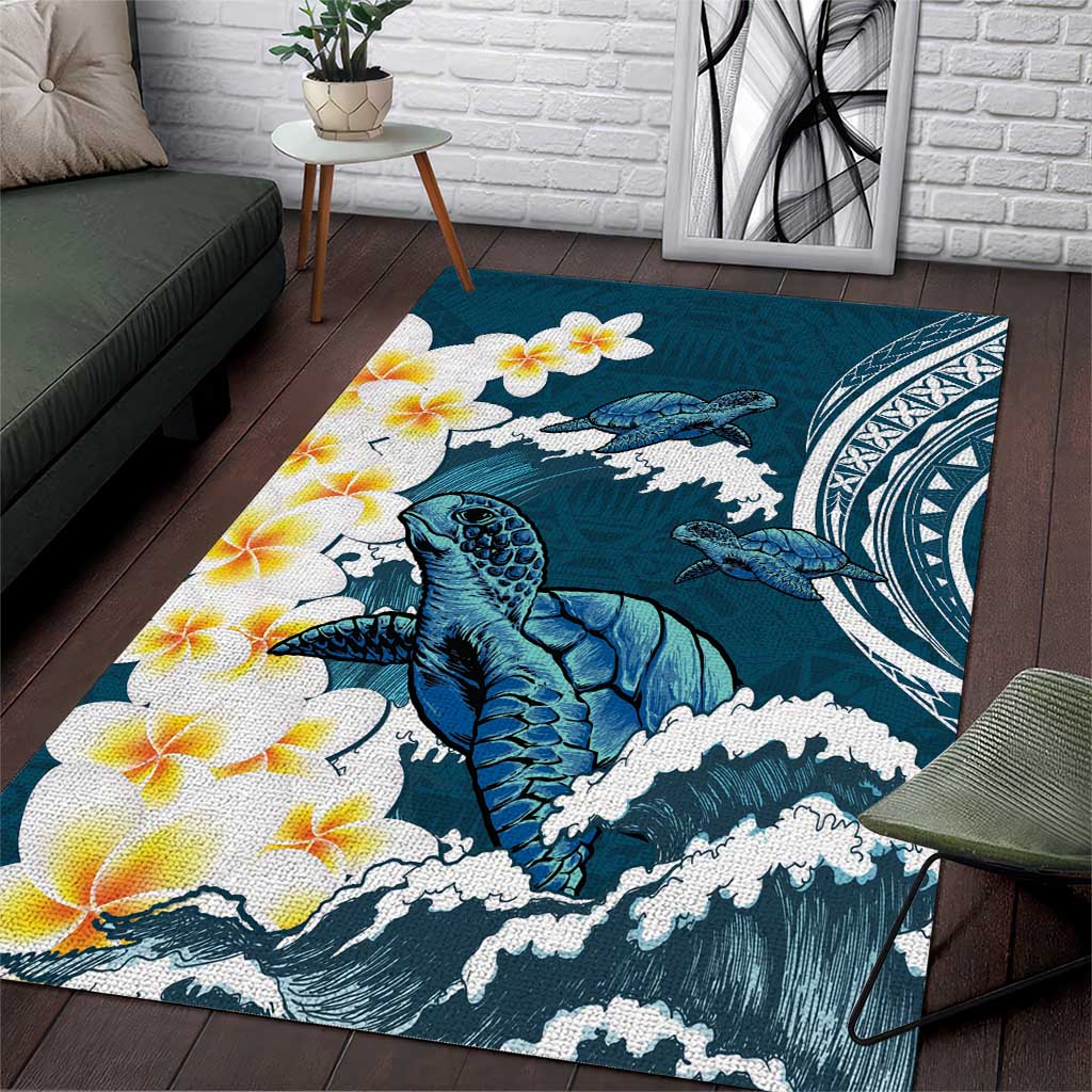 Dark Teal Polynesia Area Rug Polynesian Frangipani With Sea Turtles