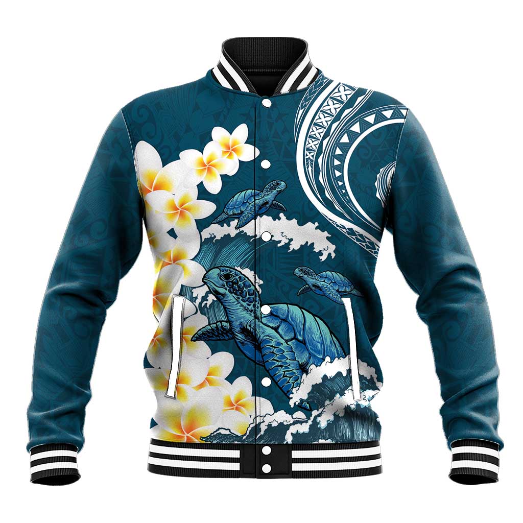 Dark Teal Polynesia Baseball Jacket Polynesian Frangipani With Sea Turtles LT14 Unisex Dark Teal - Polynesian Pride
