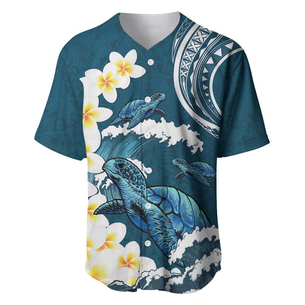 Dark Teal Polynesia Baseball Jersey Polynesian Frangipani With Sea Turtles