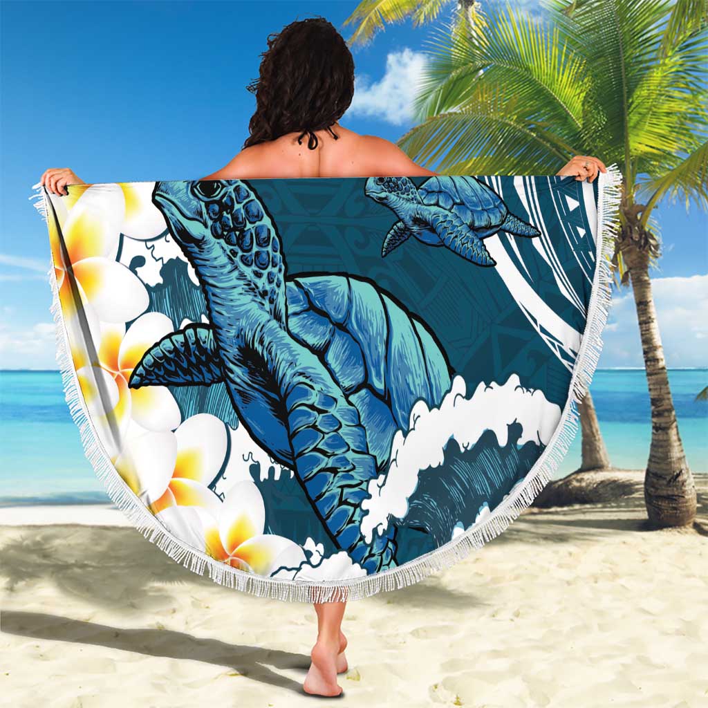Dark Teal Polynesia Beach Blanket Polynesian Frangipani With Sea Turtles LT14 - Polynesian Pride