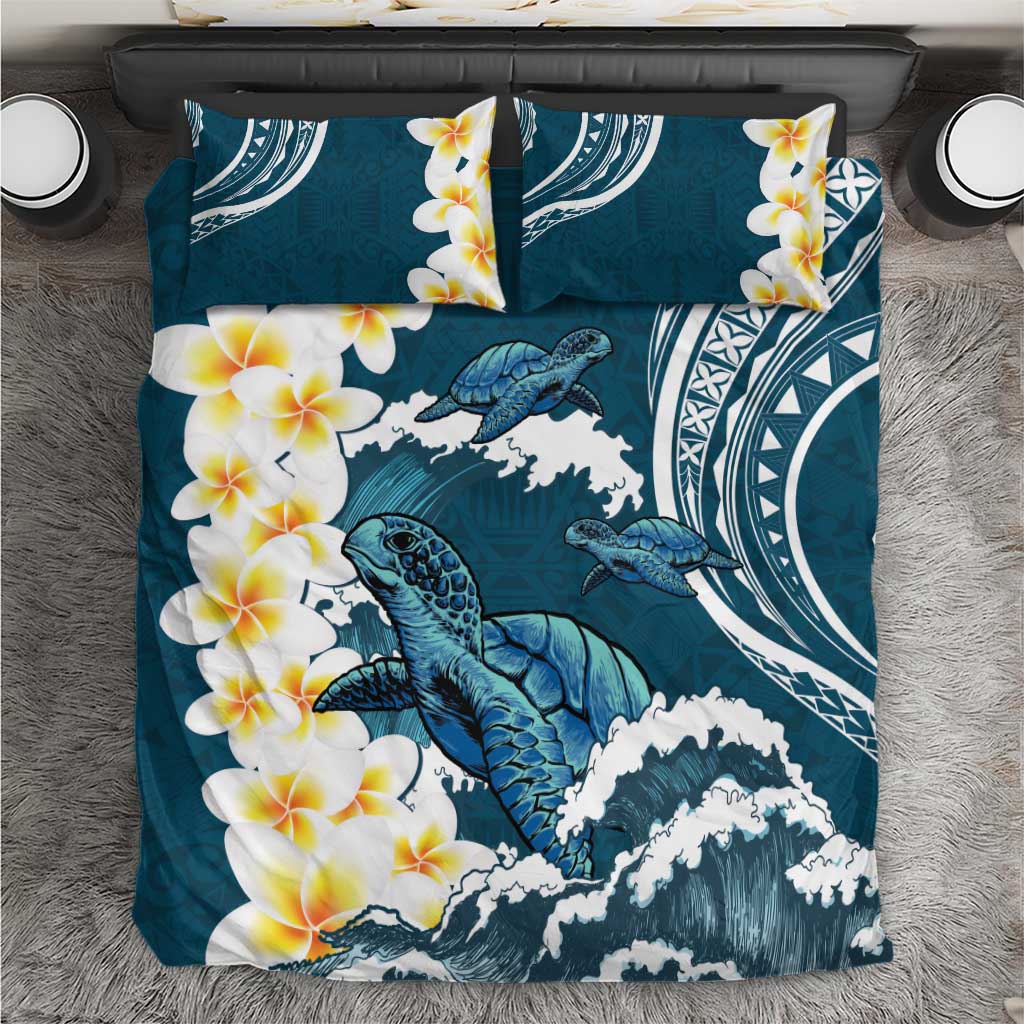 Dark Teal Polynesia Bedding Set Polynesian Frangipani With Sea Turtles