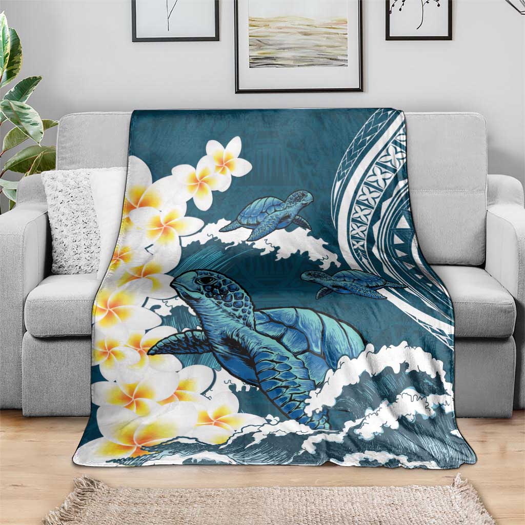 Dark Teal Polynesia Blanket Polynesian Frangipani With Sea Turtles LT14 - Polynesian Pride