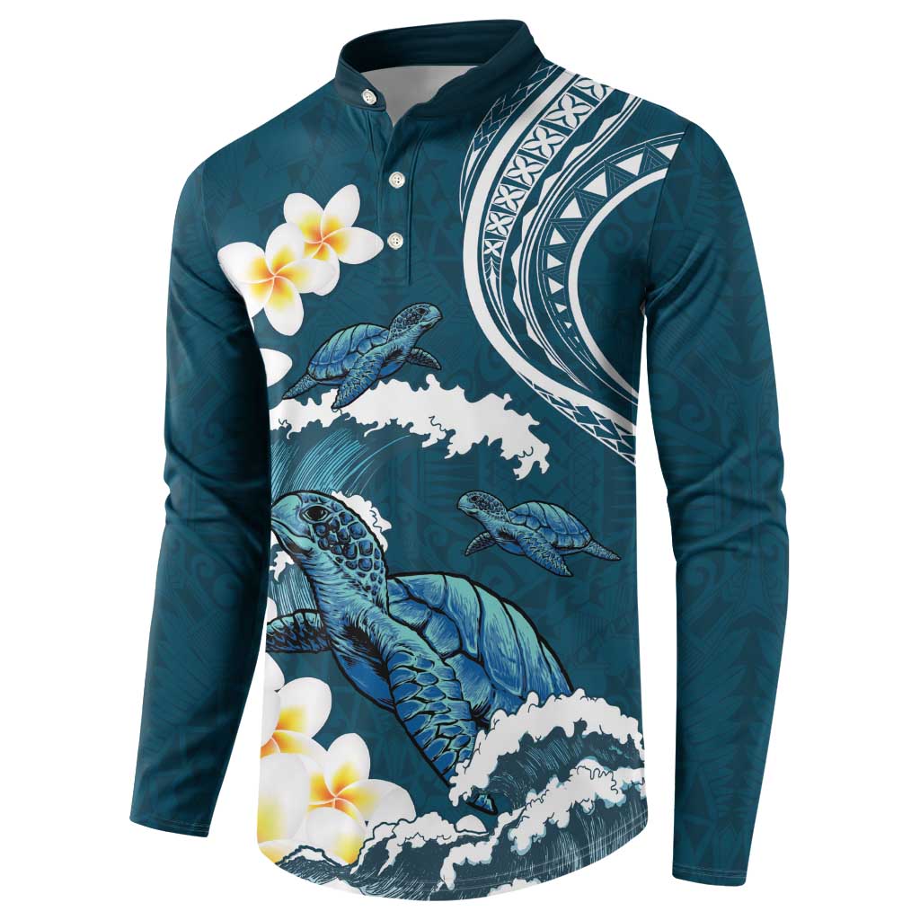 Dark Teal Polynesia Button Sweatshirt Polynesian Frangipani With Sea Turtles LT14 - Polynesian Pride