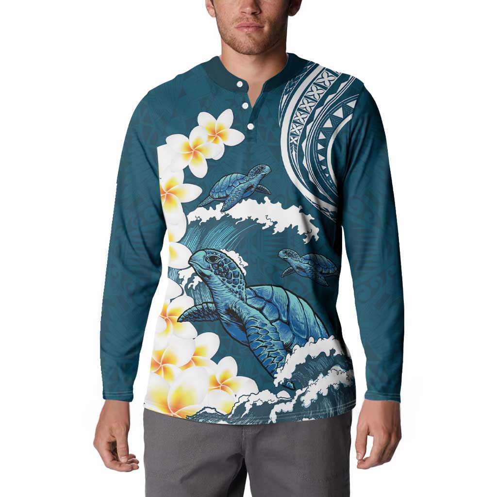Dark Teal Polynesia Button Sweatshirt Polynesian Frangipani With Sea Turtles LT14 - Polynesian Pride