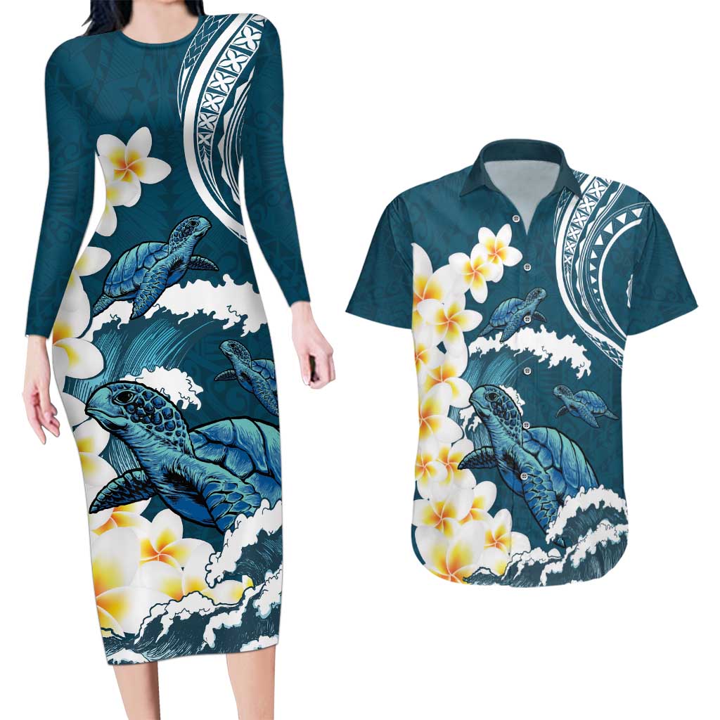 Dark Teal Polynesia Couples Matching Long Sleeve Bodycon Dress and Hawaiian Shirt Polynesian Frangipani With Sea Turtles LT14 Dark Teal - Polynesian Pride