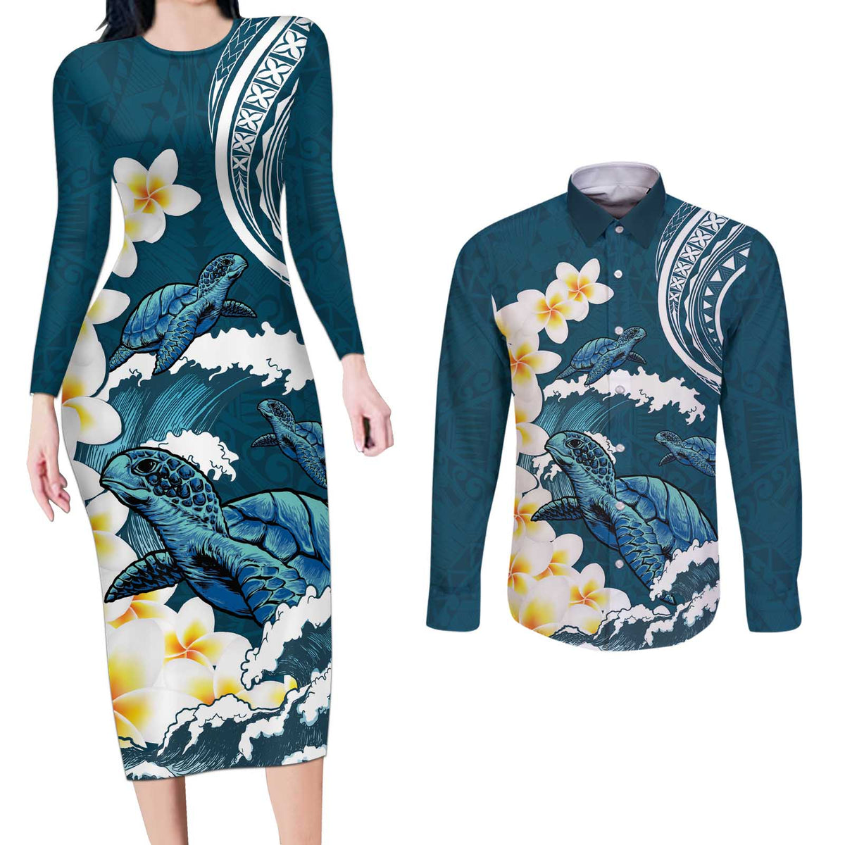 Dark Teal Polynesia Couples Matching Long Sleeve Bodycon Dress and Long Sleeve Button Shirt Polynesian Frangipani With Sea Turtles LT14 Dark Teal - Polynesian Pride