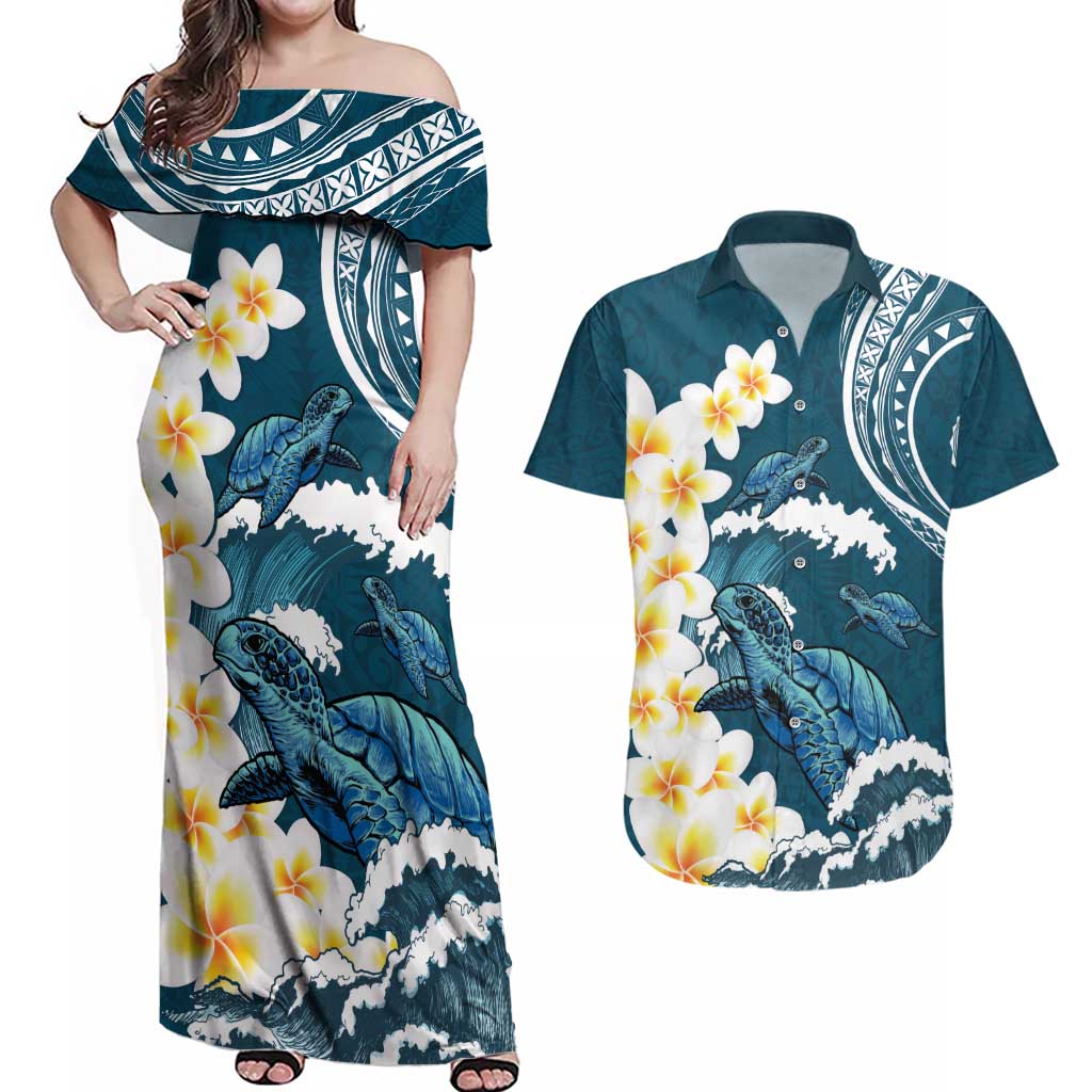 Dark Teal Polynesia Couples Matching Off Shoulder Maxi Dress and Hawaiian Shirt Polynesian Frangipani With Sea Turtles