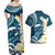 Dark Teal Polynesia Couples Matching Off Shoulder Maxi Dress and Hawaiian Shirt Polynesian Frangipani With Sea Turtles