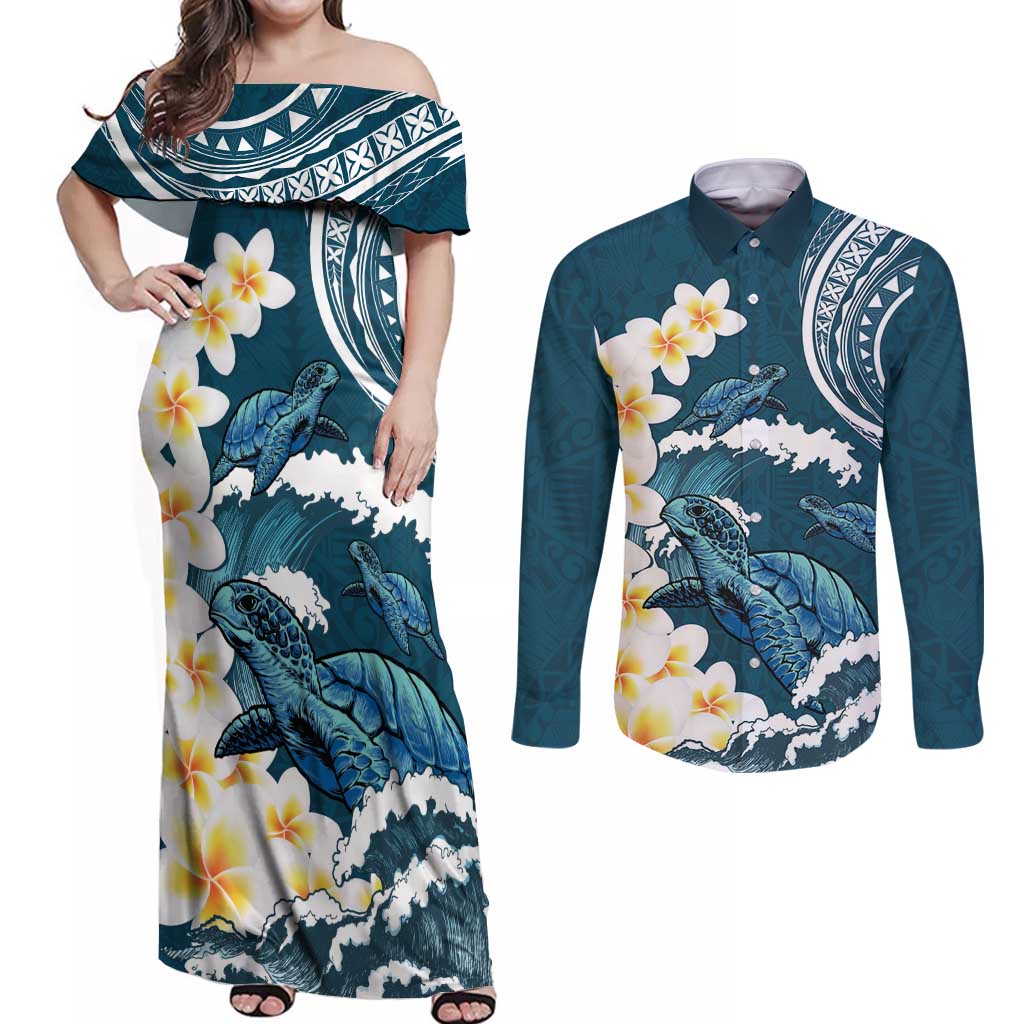 Dark Teal Polynesia Couples Matching Off Shoulder Maxi Dress and Long Sleeve Button Shirt Polynesian Frangipani With Sea Turtles LT14 Dark Teal - Polynesian Pride