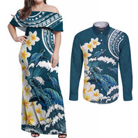 Dark Teal Polynesia Couples Matching Off Shoulder Maxi Dress and Long Sleeve Button Shirt Polynesian Frangipani With Sea Turtles LT14 Dark Teal - Polynesian Pride