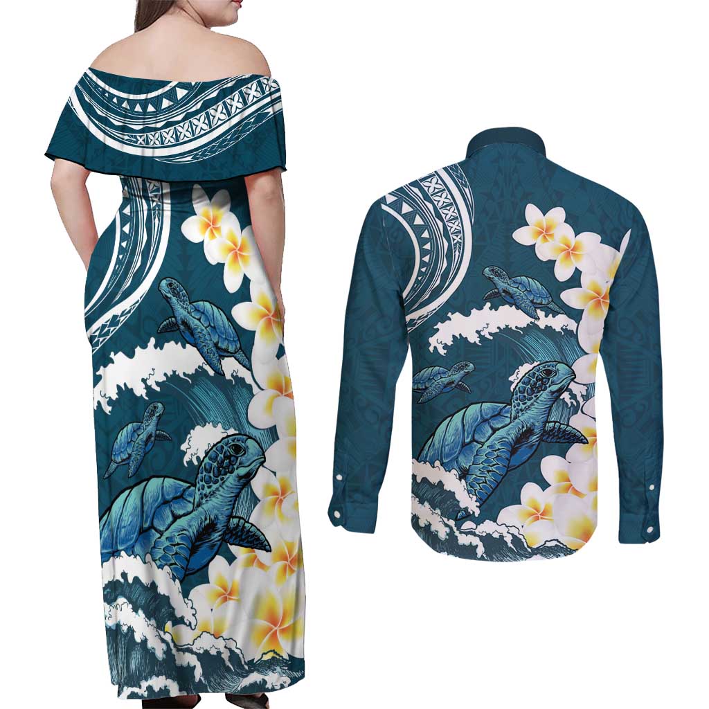 Dark Teal Polynesia Couples Matching Off Shoulder Maxi Dress and Long Sleeve Button Shirt Polynesian Frangipani With Sea Turtles LT14 - Polynesian Pride