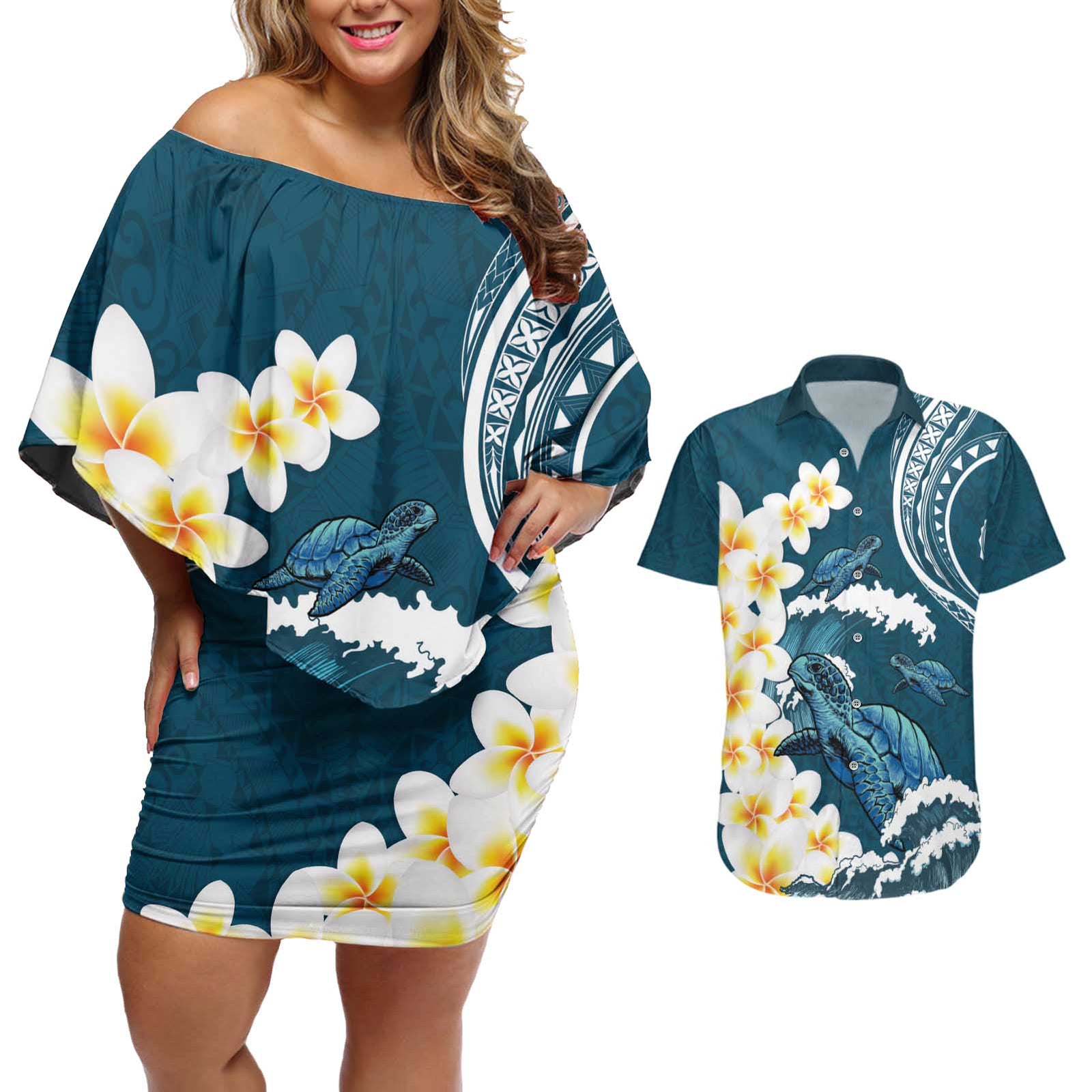 Dark Teal Polynesia Couples Matching Off Shoulder Short Dress and Hawaiian Shirt Polynesian Frangipani With Sea Turtles LT14 Dark Teal - Polynesian Pride